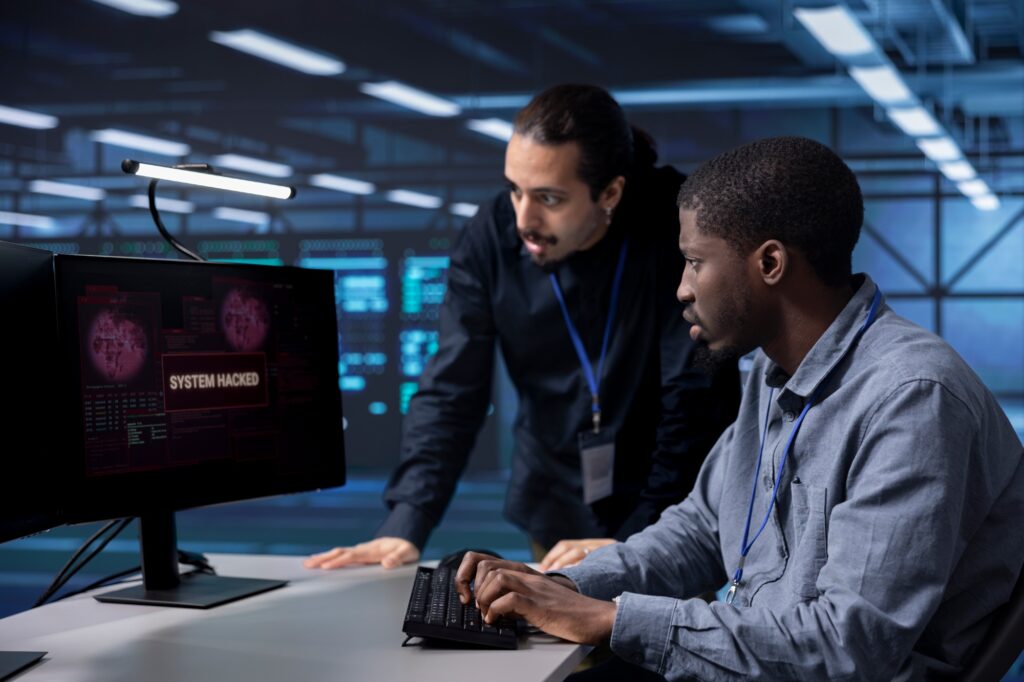 Coworkers in data center workplace trying to fix security breach alert